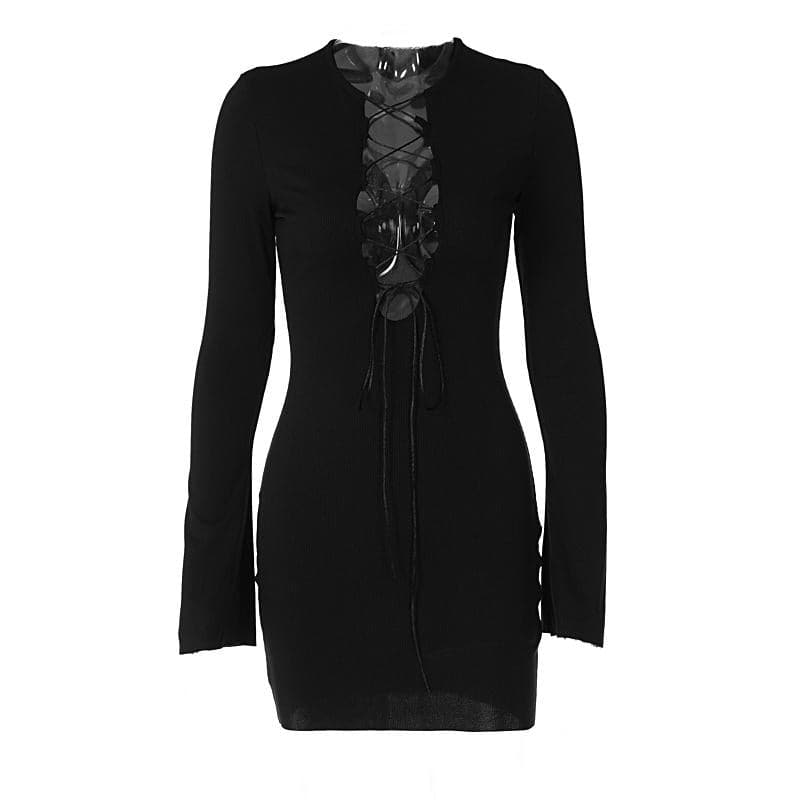 Lace up solid long sleeve ribbed self tie mini dress - View 2