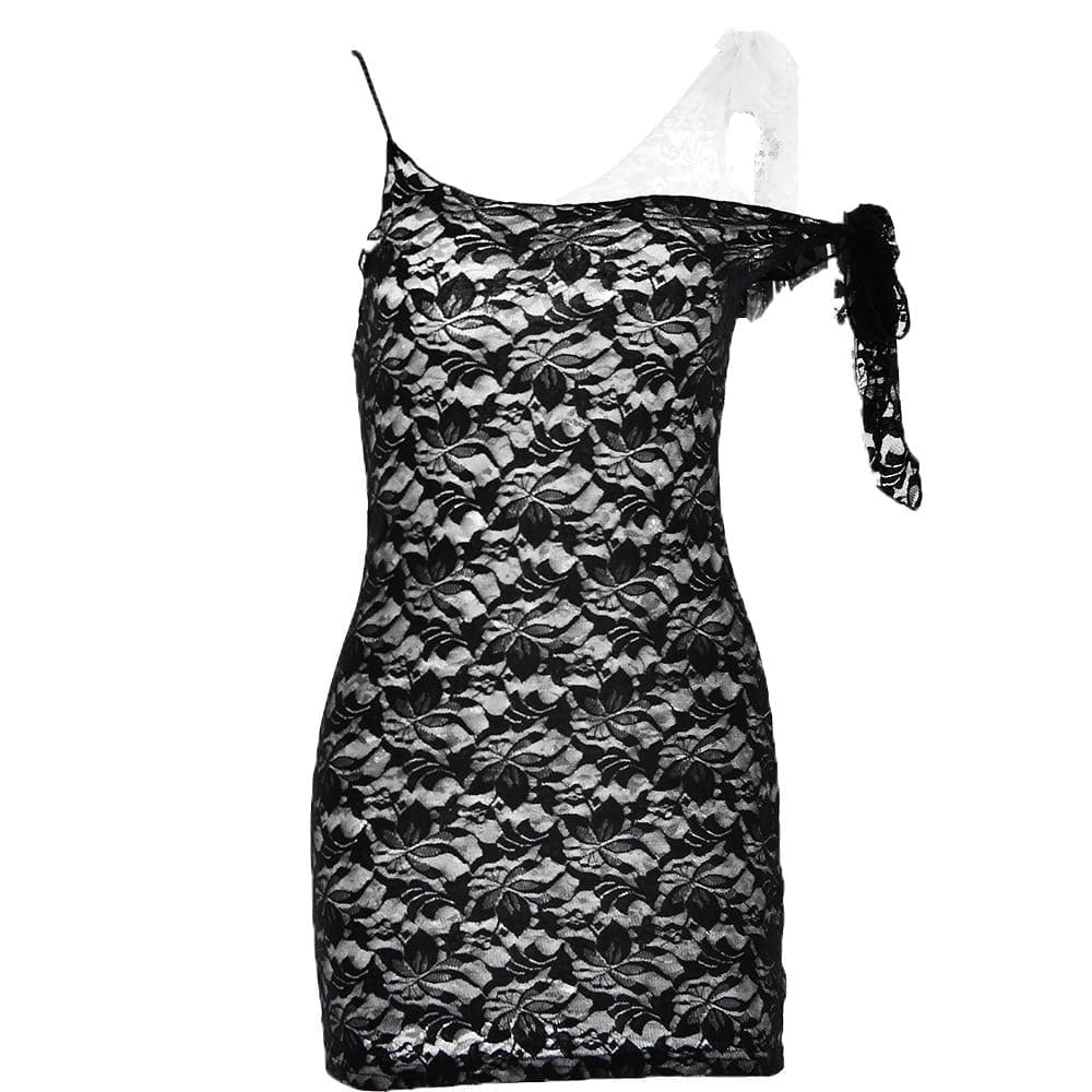 Lace contrast irregular self tie backless mini dress - View 2