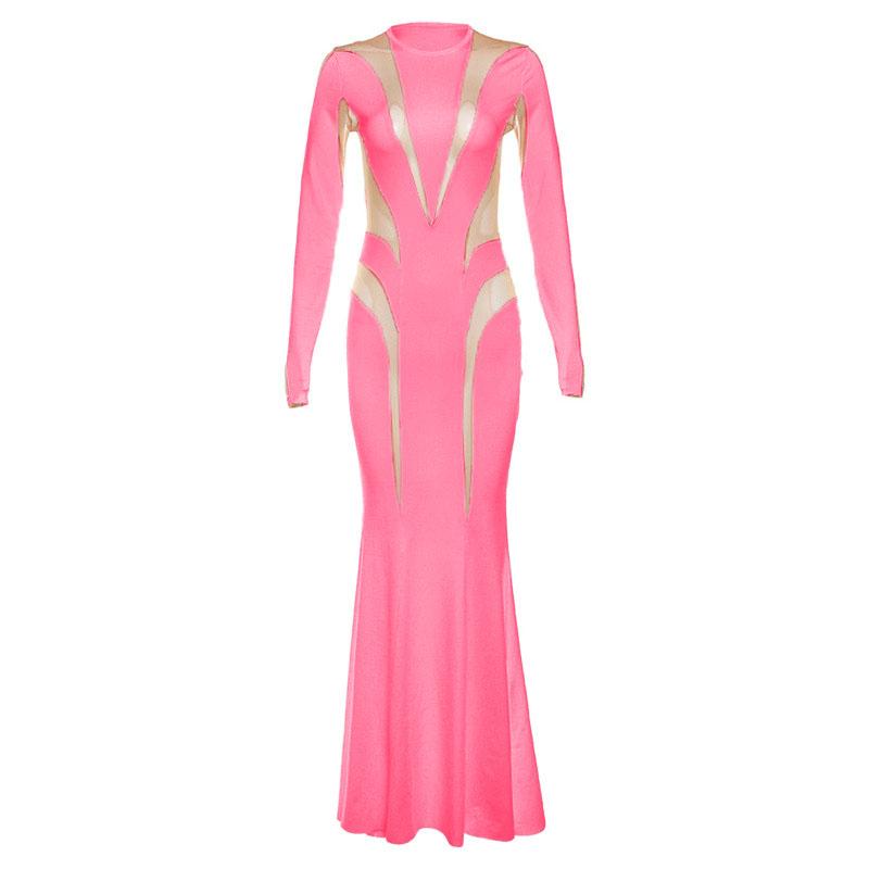 Crewneck long sleeve mesh patchwork maxi dress - View 2