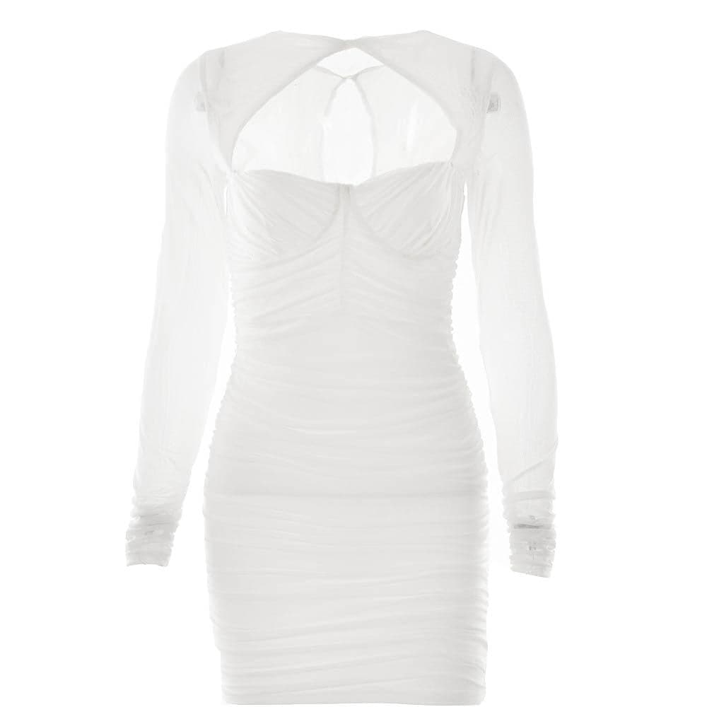 Hollow out ruched mesh long sleeve zip-up button mini dress - View 9