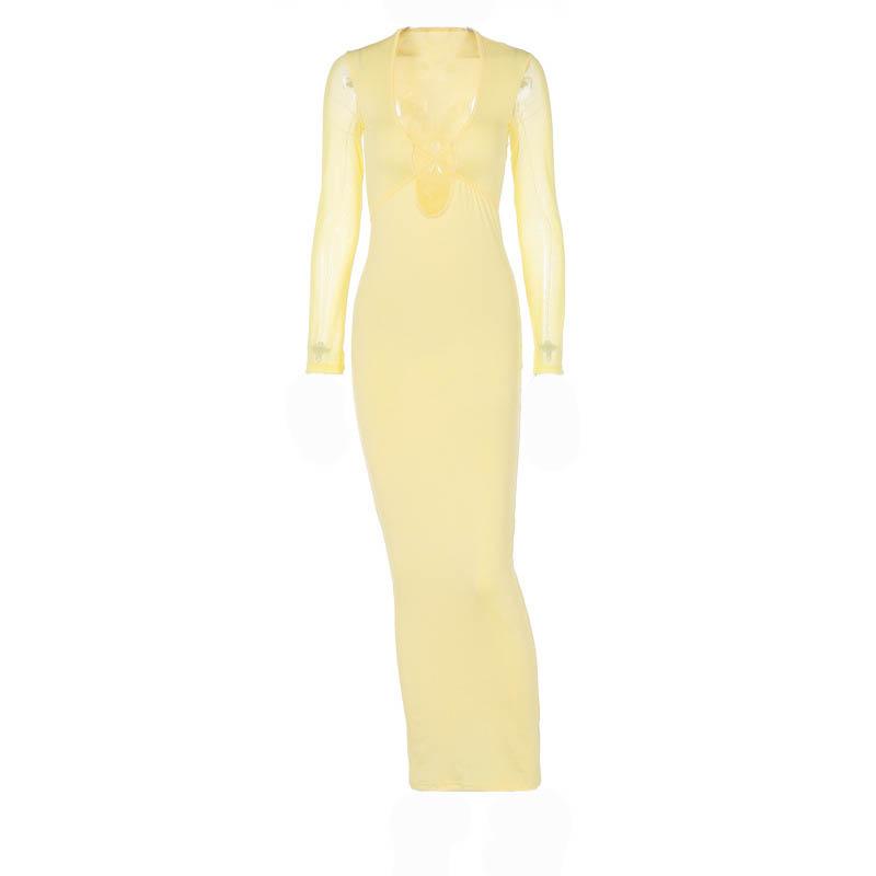 Mesh patchwork solid low cut long sleeve cross front maxi dress - View 10