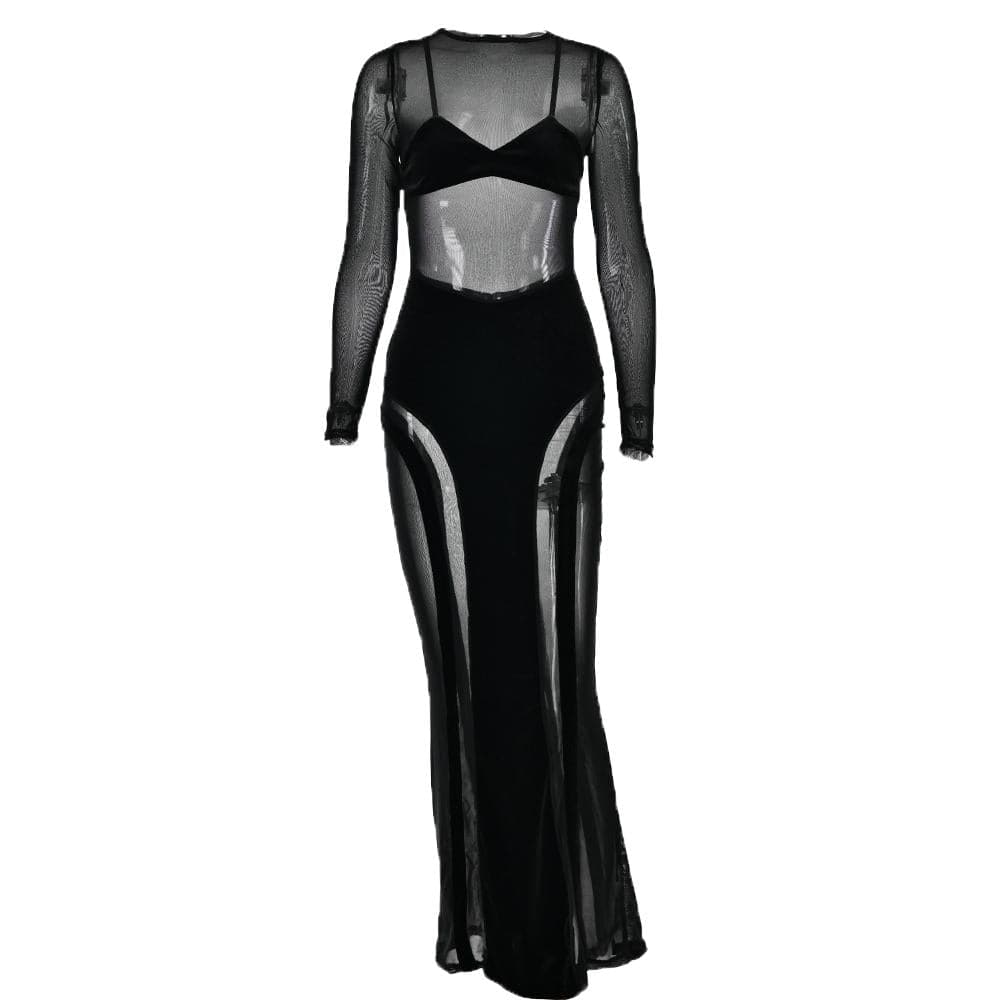 Mesh patchwork velvet solid long sleeve maxi dress - View 2