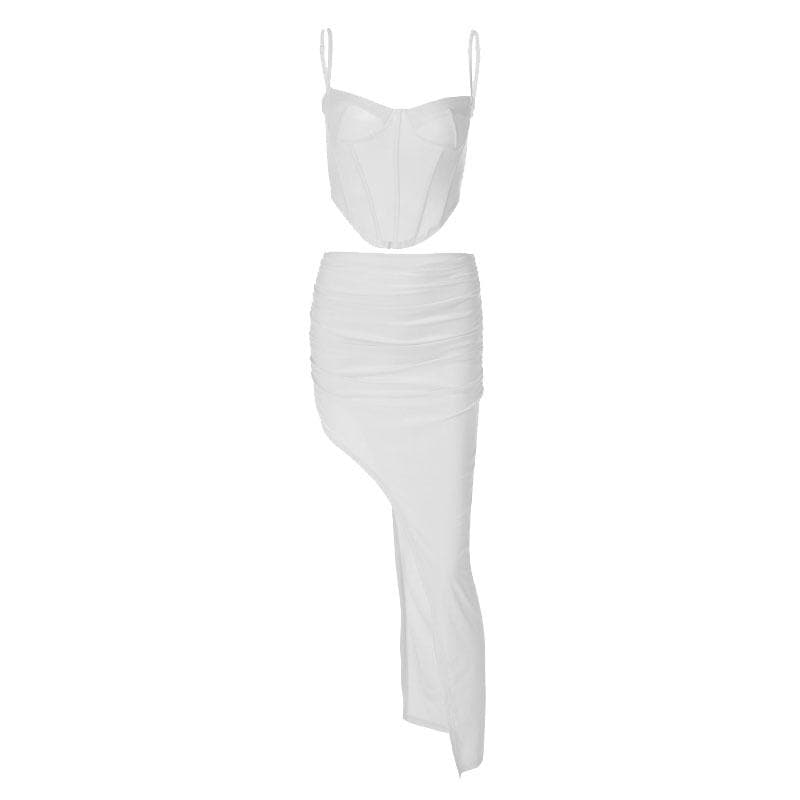 Low Cut Corset Ruched Backless High Split Maxi Dress - View 2