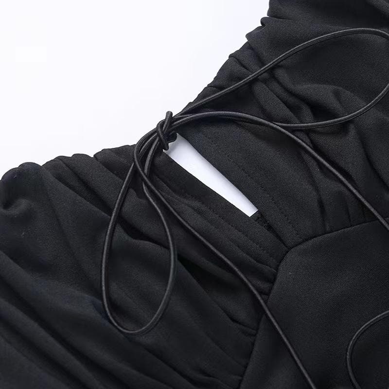 Ruched solid lace up self tie backless sleeveless midi dress - View 9
