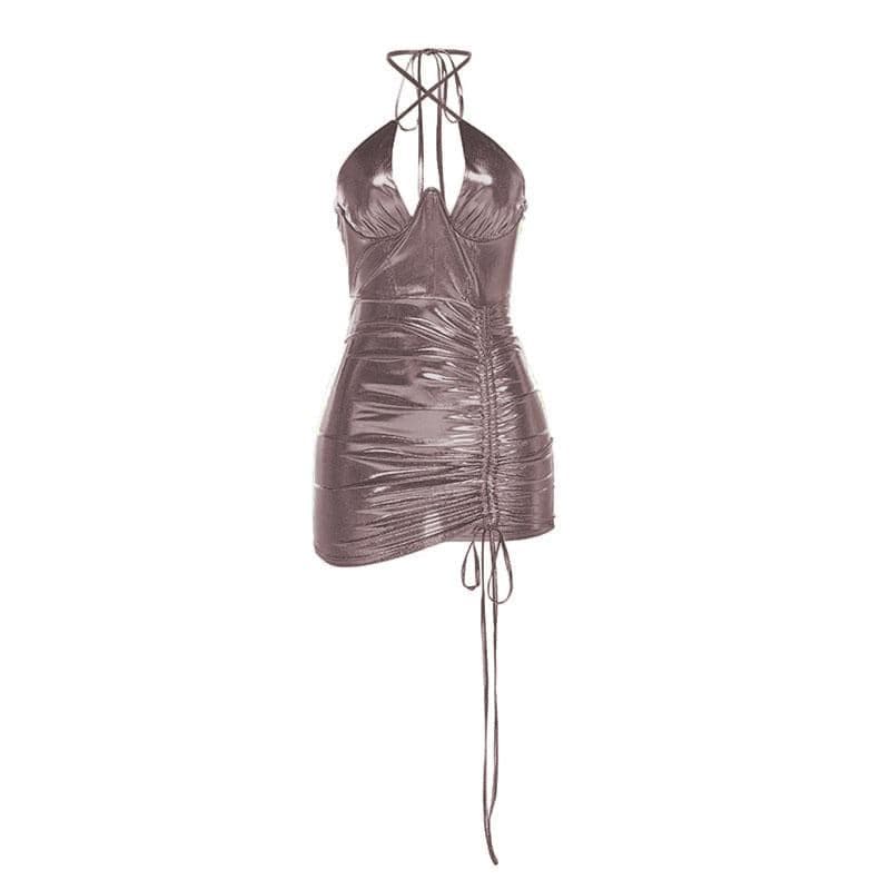 Metallic Halter Neck Ruched Drawstring Bodycon Mini Dress - View 8