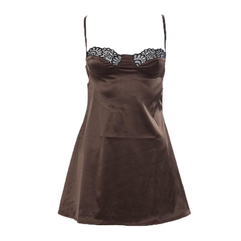 Lace hem satin ruched hollow out backless cami mini dress - View 10