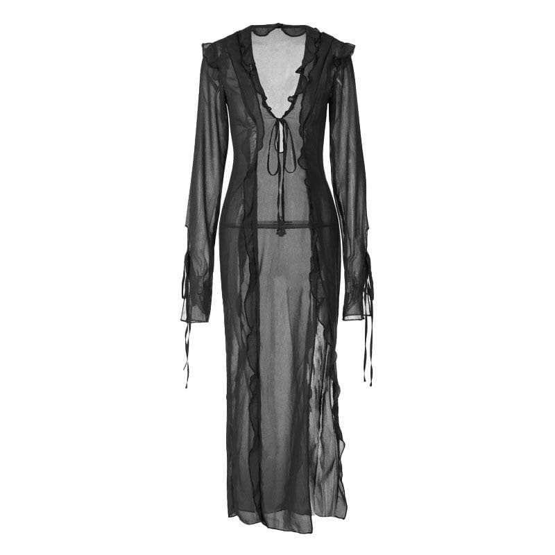 Slit chiffon see through long sleeve v neck self tie maxi dress - View 5