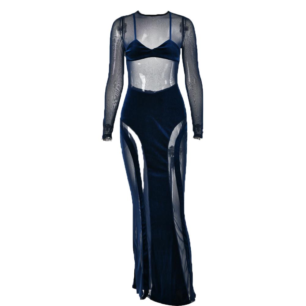 Mesh patchwork velvet solid long sleeve maxi dress - View 9
