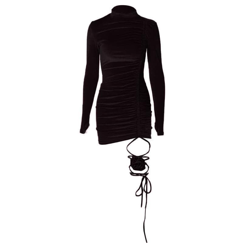 Velvet High Neck Long Sleeve Ruched Rosette Bodycon Mini Dress - View 10