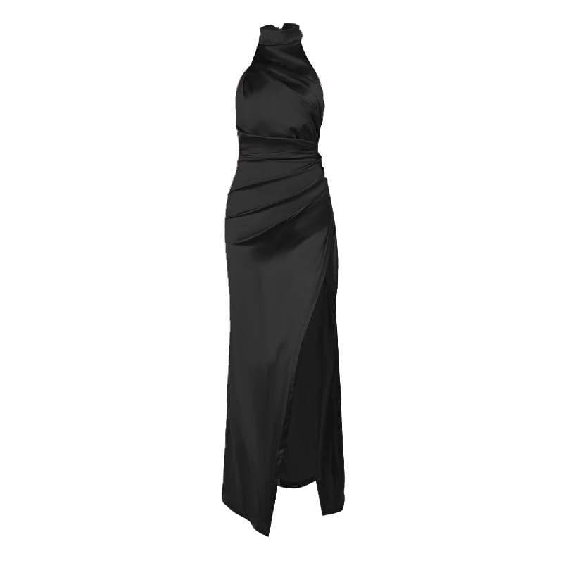 Ruched solid satin zip-up halter backless slit maxi dress - View 8
