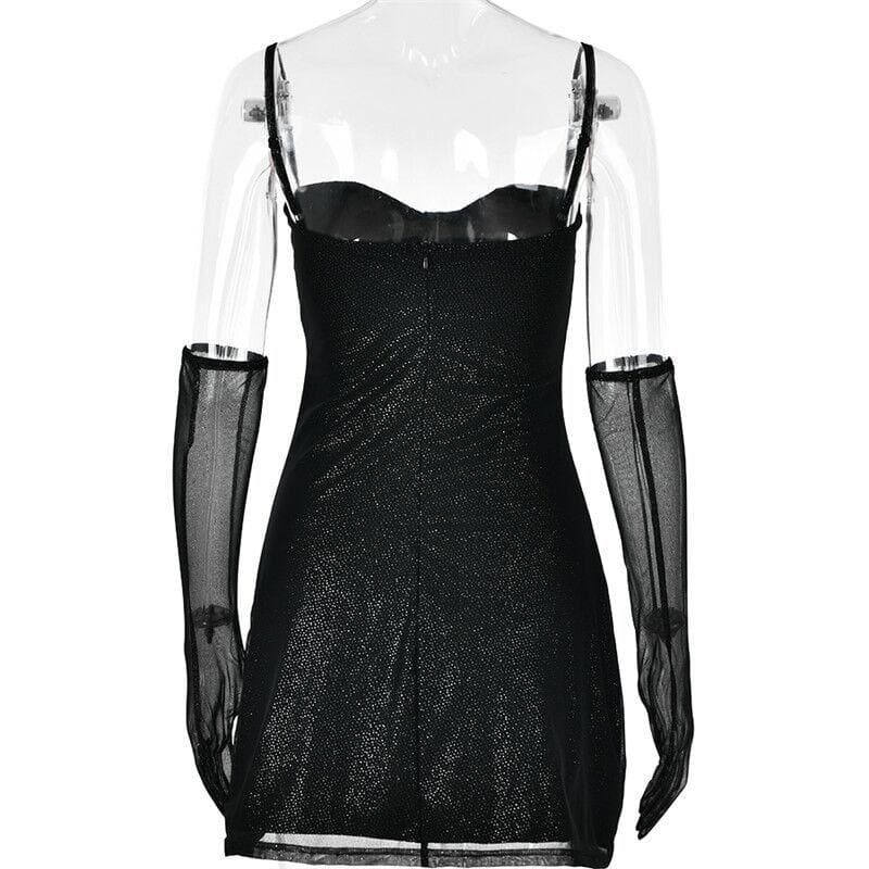 Textured mesh gloves sweetheart neck zip-up slit cami mini dress - View 5
