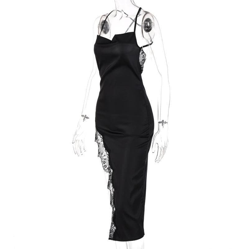 Satin Cowl Neck Spaghetti Strap Lace Trim Cross Back Midi Dress - View 2