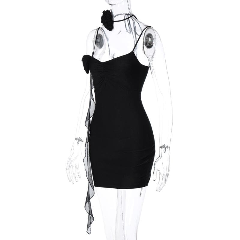 Satin V-Neck Flower Applique Ruched Bodycon Mini Dress - View 3