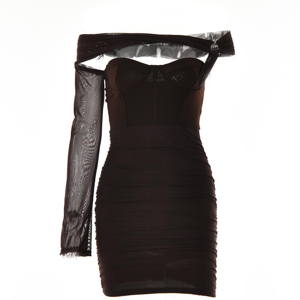 Solid one shoulder o ring hollow out mesh backless mini dress - View 9