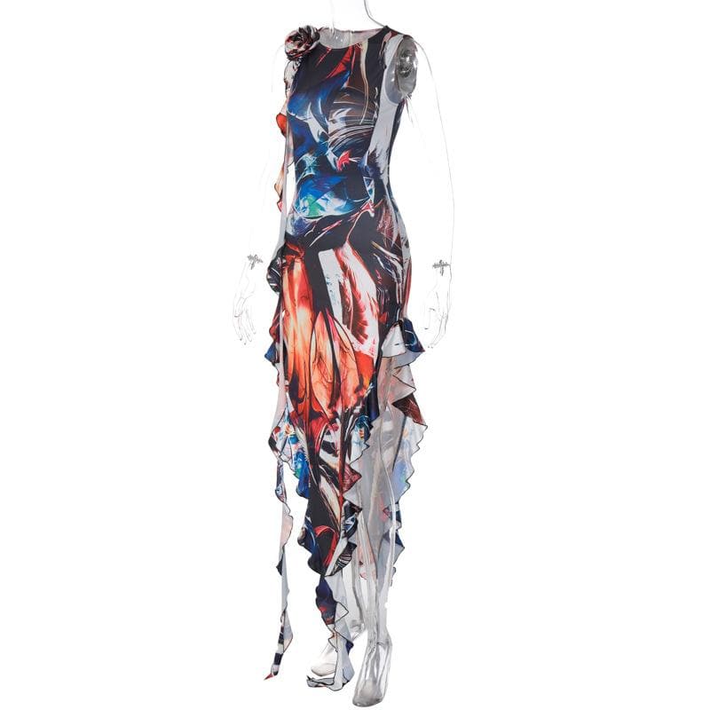 Abstract Print 3D Flower Applique Side Ruffle Sleeveless Maxi Dress - View 4