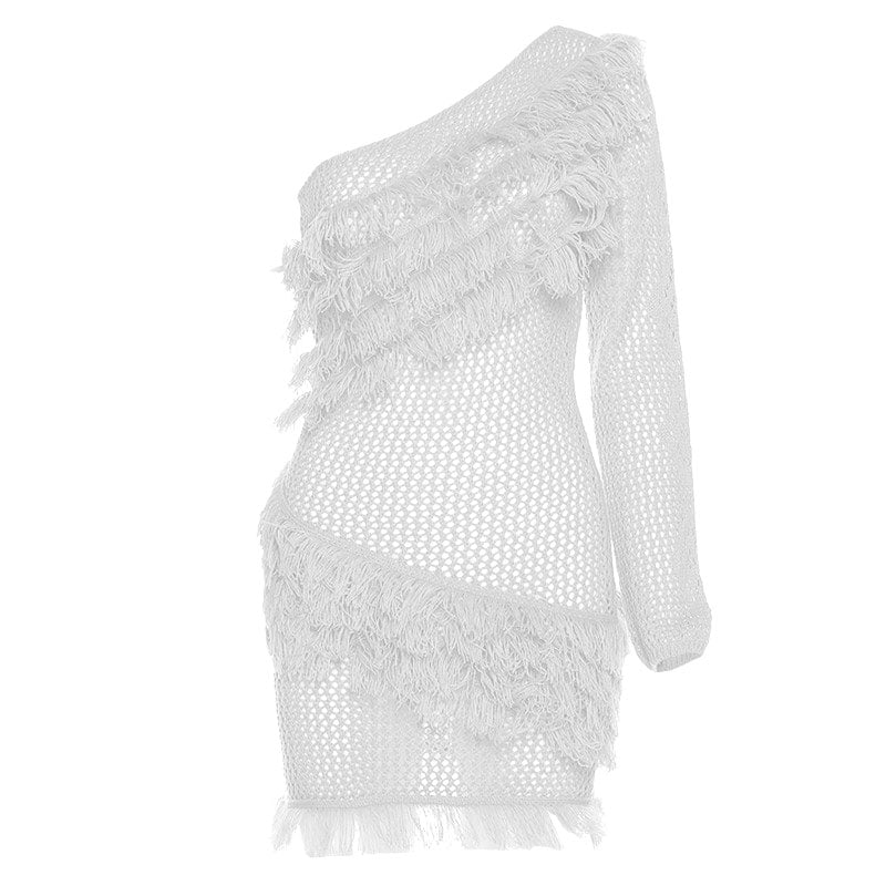 Knitted raw hem solid long sleeve one shoulder crochet mini dress - View 2