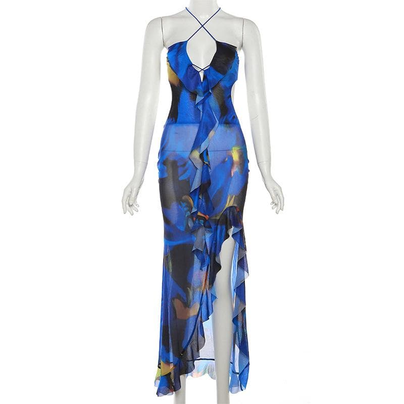 Cross front backless sheer mesh see through slit maxi dress - View 3