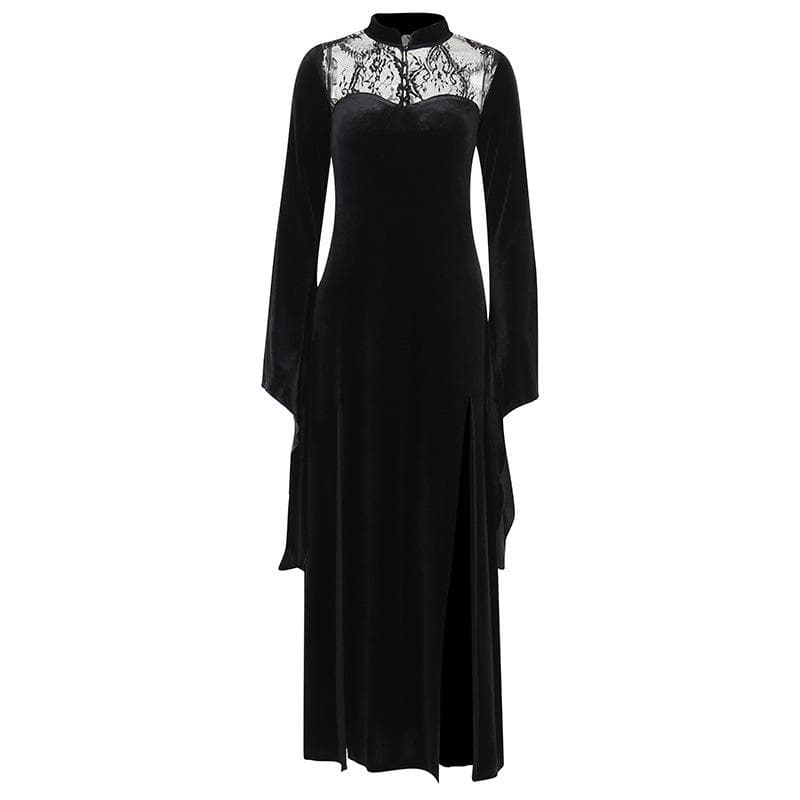 Velvet lace patchwork button solid high neck long midi dress