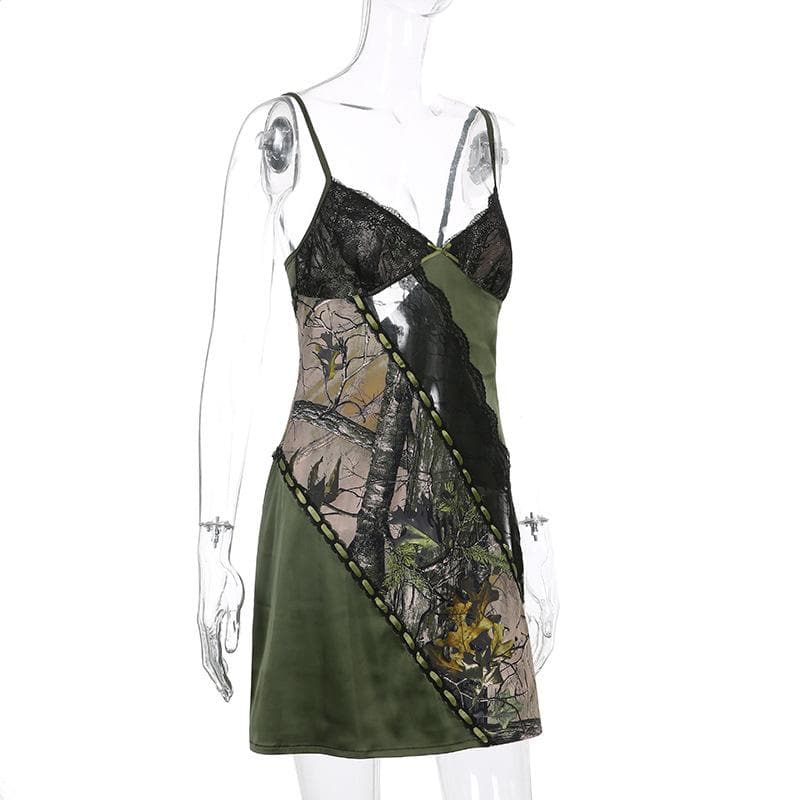 Lace Trim Forest Print Patchwork Spaghetti Strap Bodycon Mini Dress - View 3