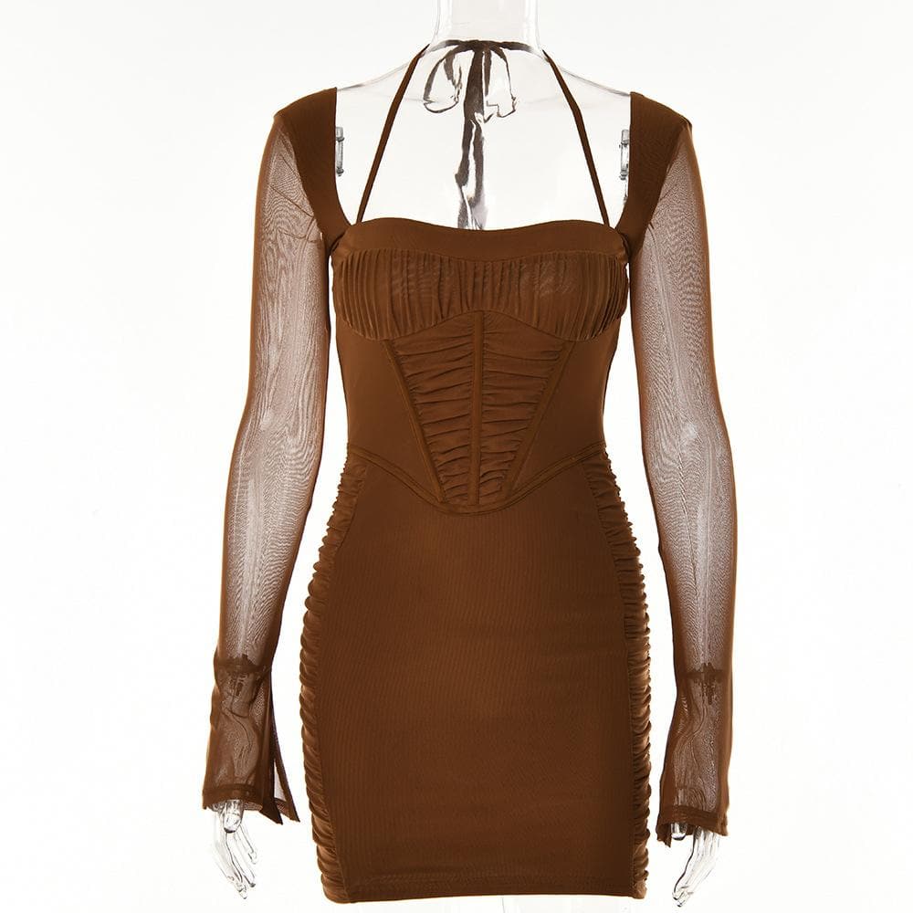 Mesh Long Sleeve Ruched Corset Bodycon Mini Dress - View 3
