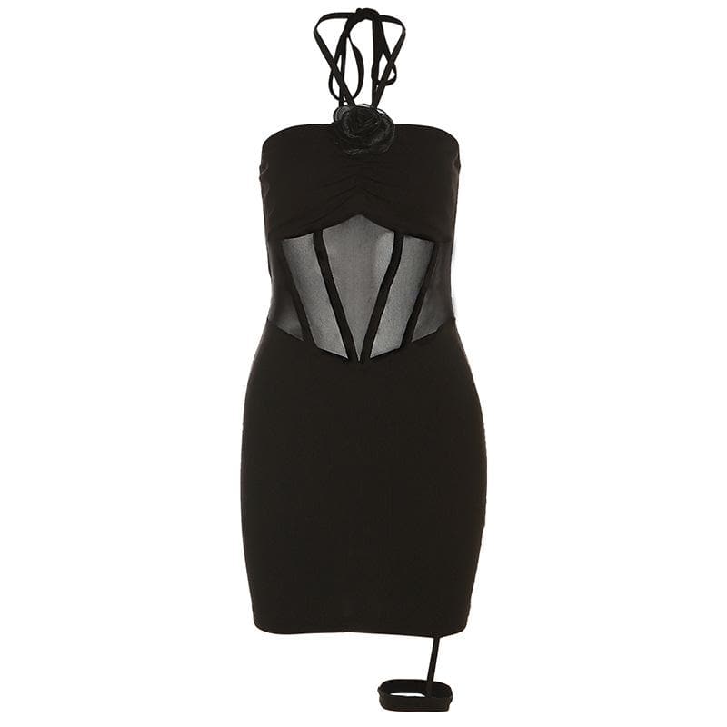 3D Flower Strapless Mesh Corset Ruched Bodycon Mini Dress - View 8