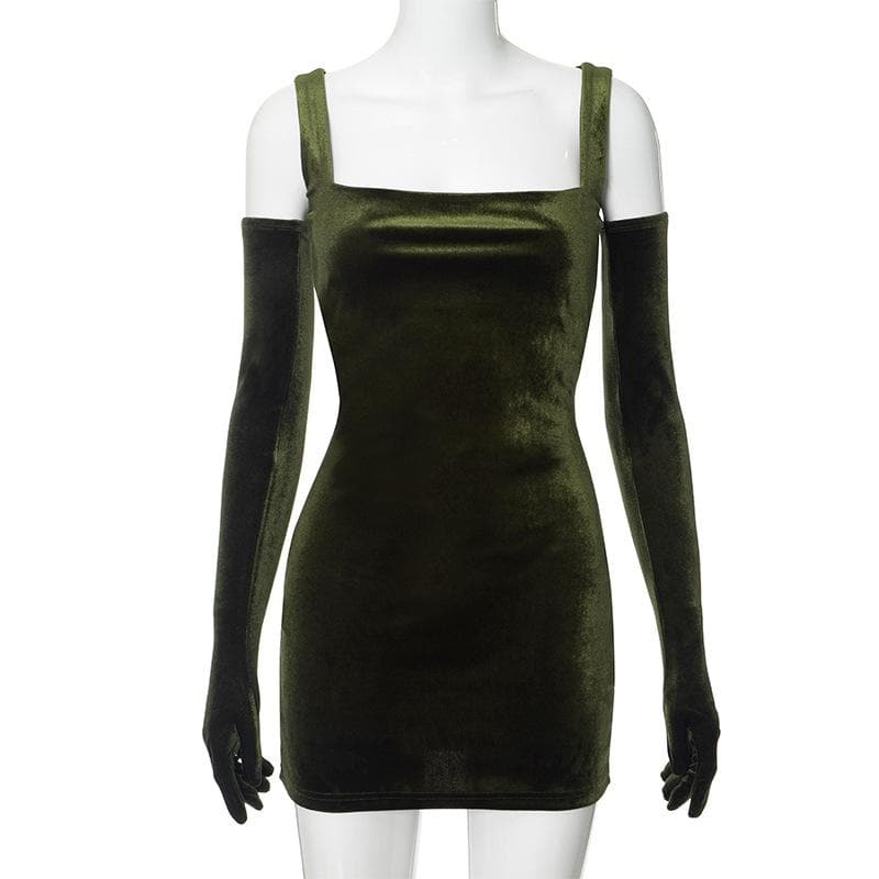 Velvet sleeveless gloves solid square neck mini dress - View 2