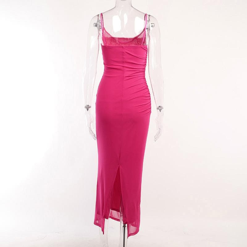 Mesh ruched slit square neck solid backless cami midi dress - View 5