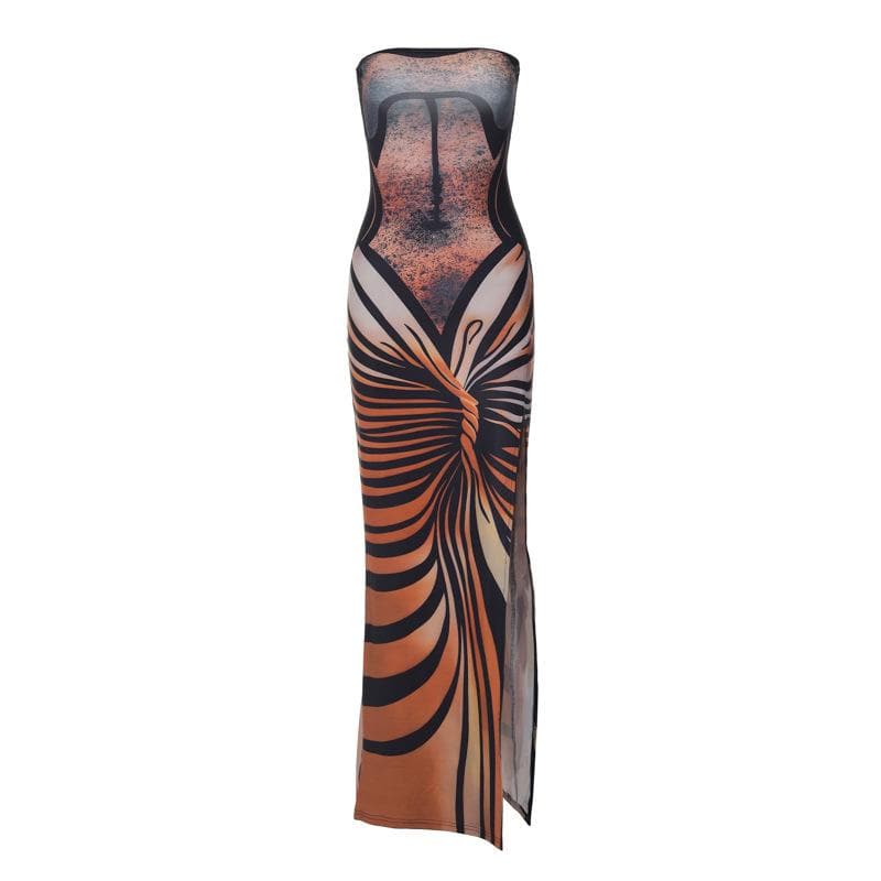 Lace up contrast print slit backless tube maxi dress - View 2