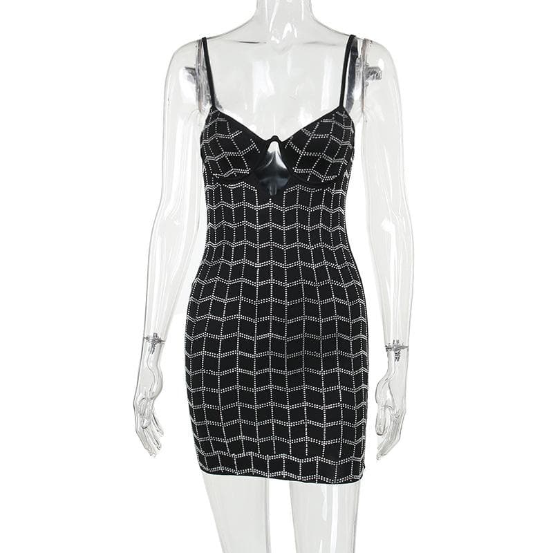 Beaded hollow out v neck backless plaid cami mini dress - View 2