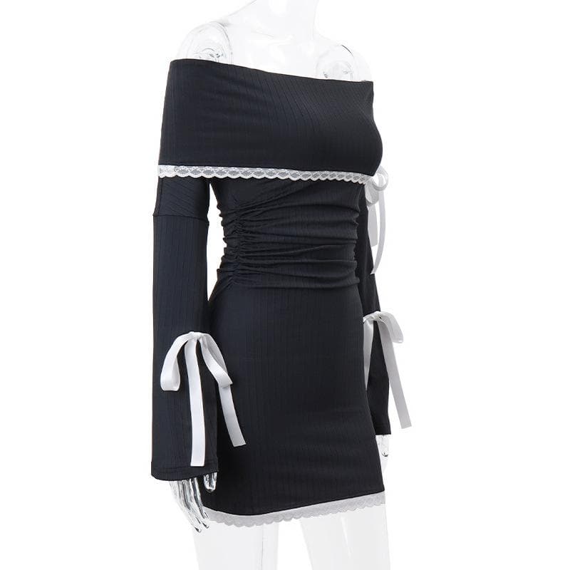 Off shoulder long sleeve lace hem bowknot mini dress - View 3