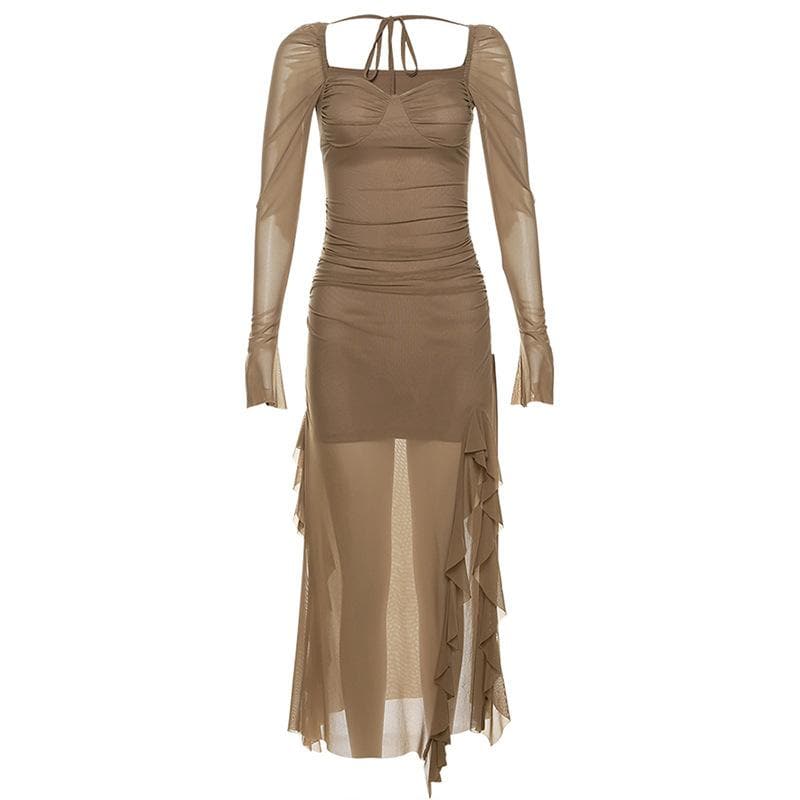 Mesh ruffle solid long sleeve ruched self tie slit maxi dress - View 10