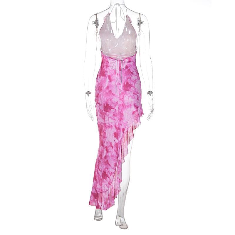 Tie dye ruffle halter mesh backless self tie irregular maxi dress - View 4