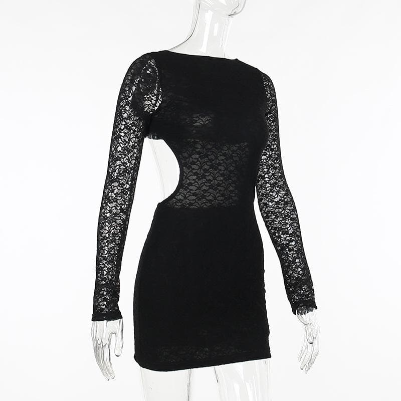 Lace solid long sleeve backless hollow out self tie mini dress - View 8
