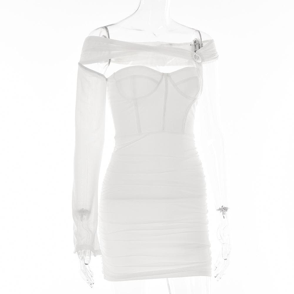 Solid one shoulder o ring hollow out mesh backless mini dress - View 3