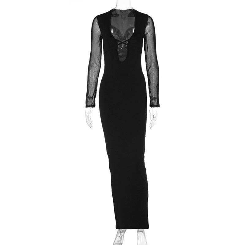 Mesh patchwork solid low cut long sleeve cross front maxi dress - View 3