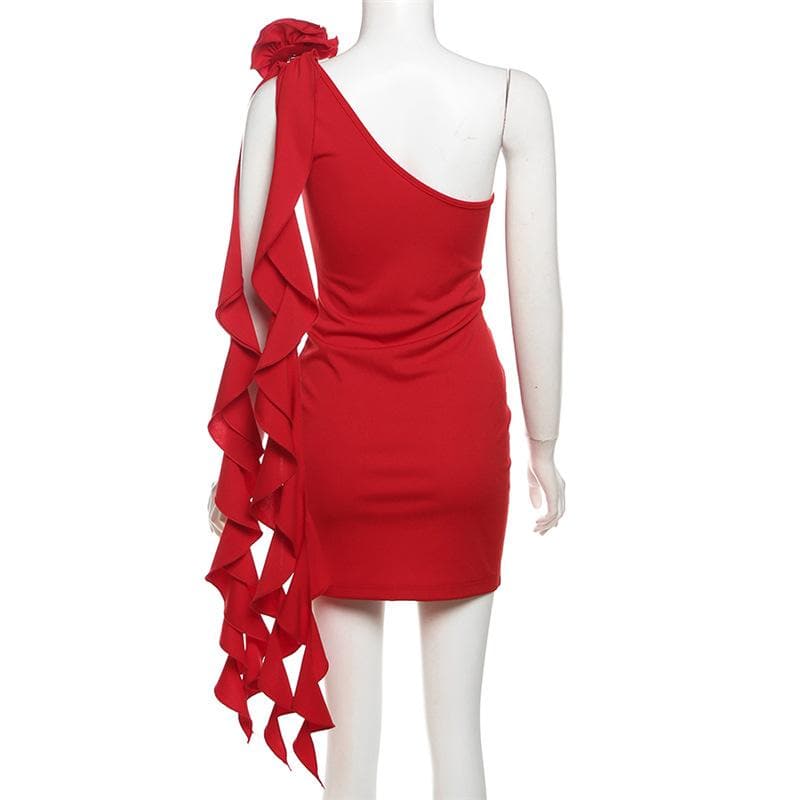 One Shoulder Ruched Flower Applique Ruffle Backless Bodycon Mini Dress - View 3