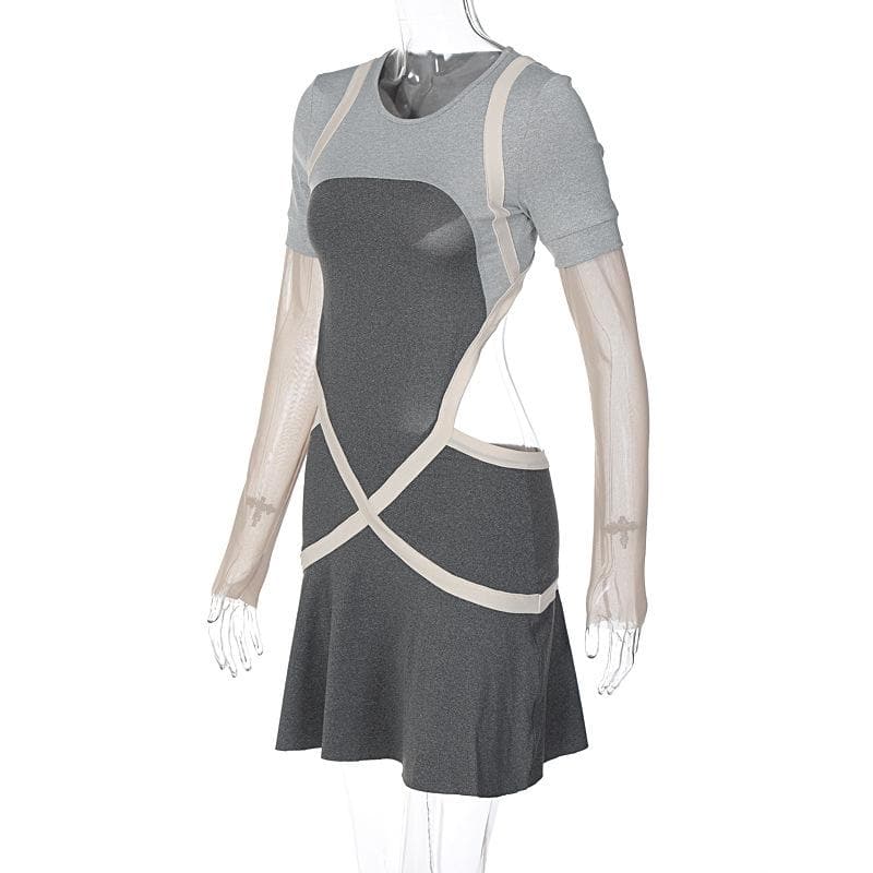 Mesh long sleeve contrast cross front mini dress - Final Sale - View 7