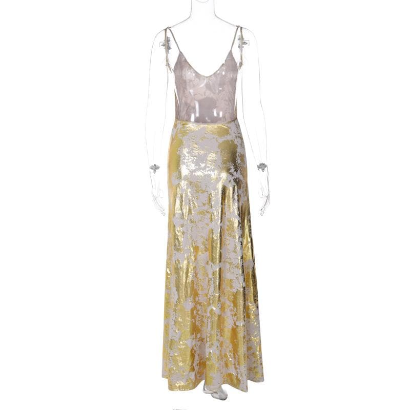 V neck backless metallic print contrast cami maxi dress - View 7