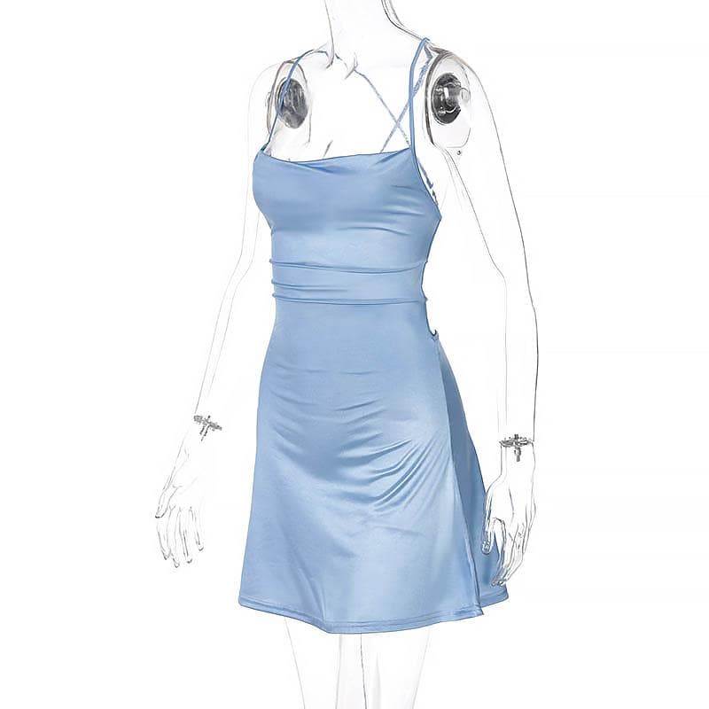 Cross back solid satin cowl neck lace up self tie backless mini dress - View 3