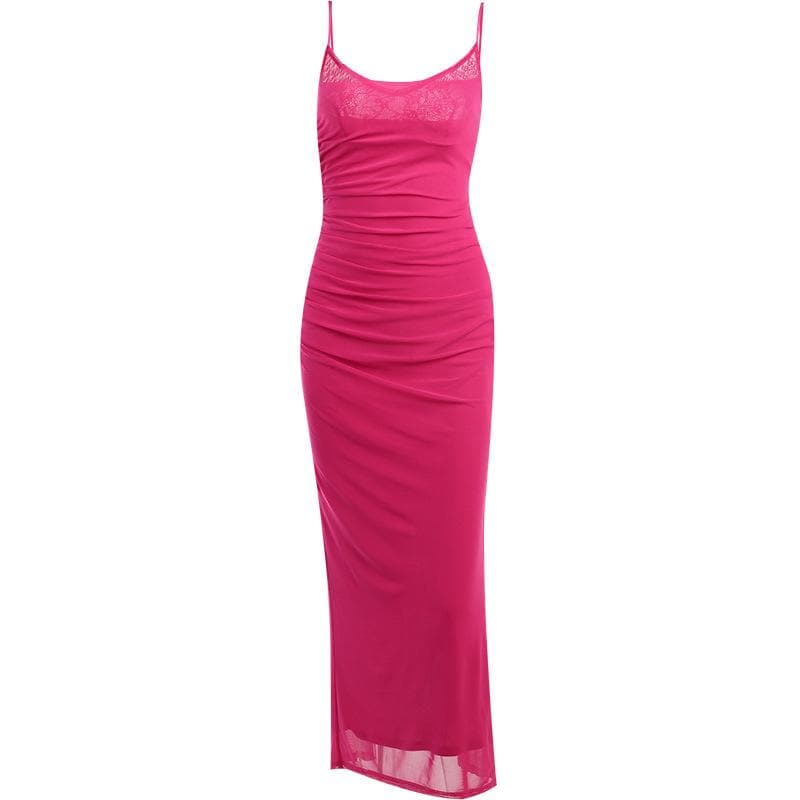 Mesh ruched slit square neck solid backless cami midi dress - View 10