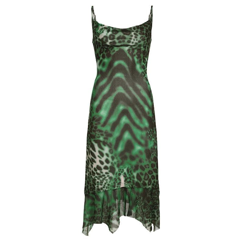 Leopard print cowl neck contrast ruffle backless mesh maxi dress - View 2