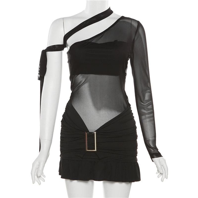 Ruffle contrast buckle one shoulder irregular ruched mesh mini dress - View 9