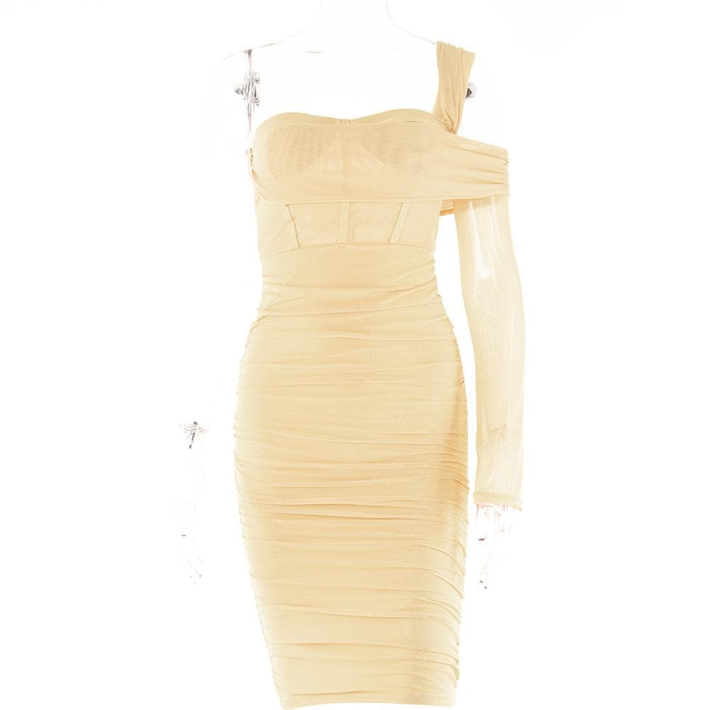 Irregular one shoulder ruched sheer mesh dress - Final Sale