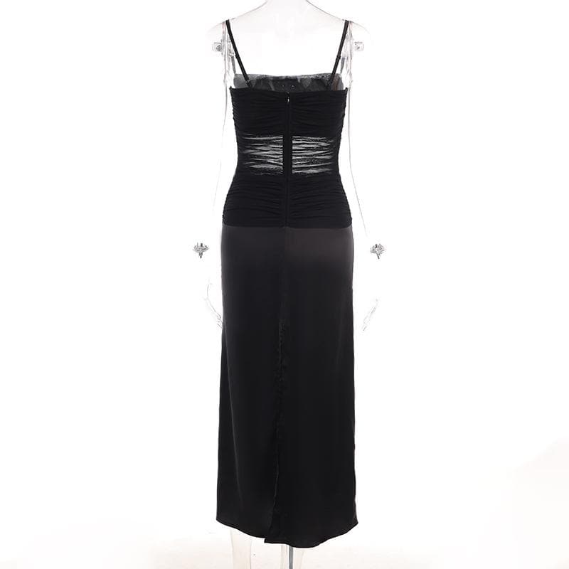 Mesh patchwork zip-up solid backless ruched cami midi dress - View 8