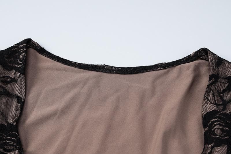 Long sleeve v neck lace contrast patchwork mini dress - View 5