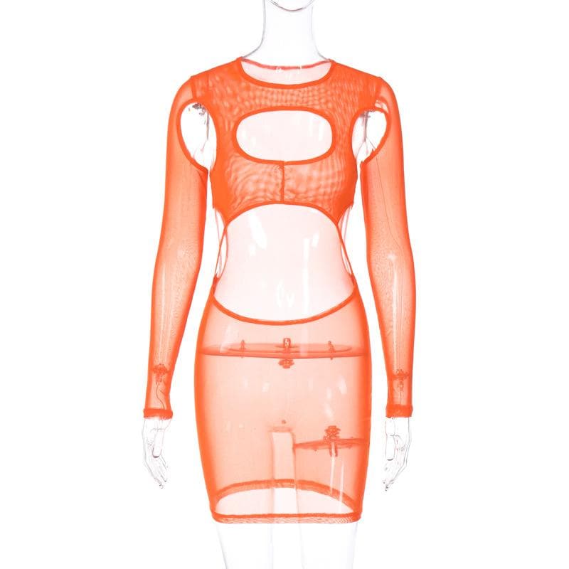 Long sleeve hollow out sheer mesh see through mini dress - View 9