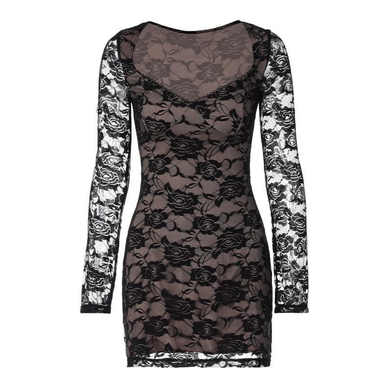 Long sleeve v neck lace contrast patchwork mini dress - View 2