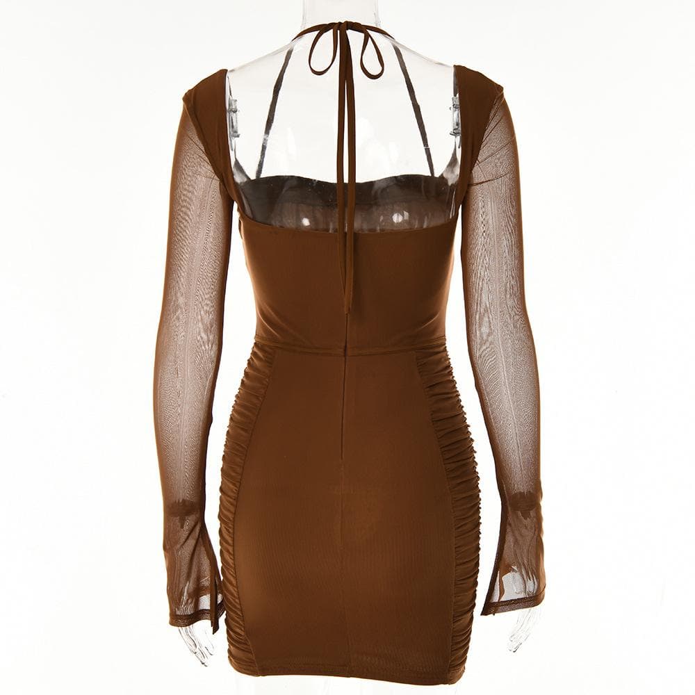 Mesh Long Sleeve Ruched Corset Bodycon Mini Dress - View 5