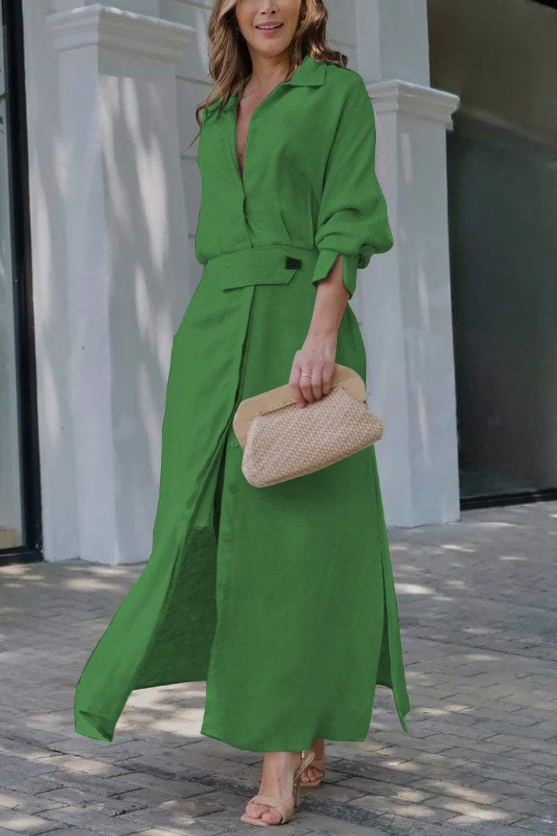 Collared Button Front Belted Long Sleeve Maxi Shirt Dress 6