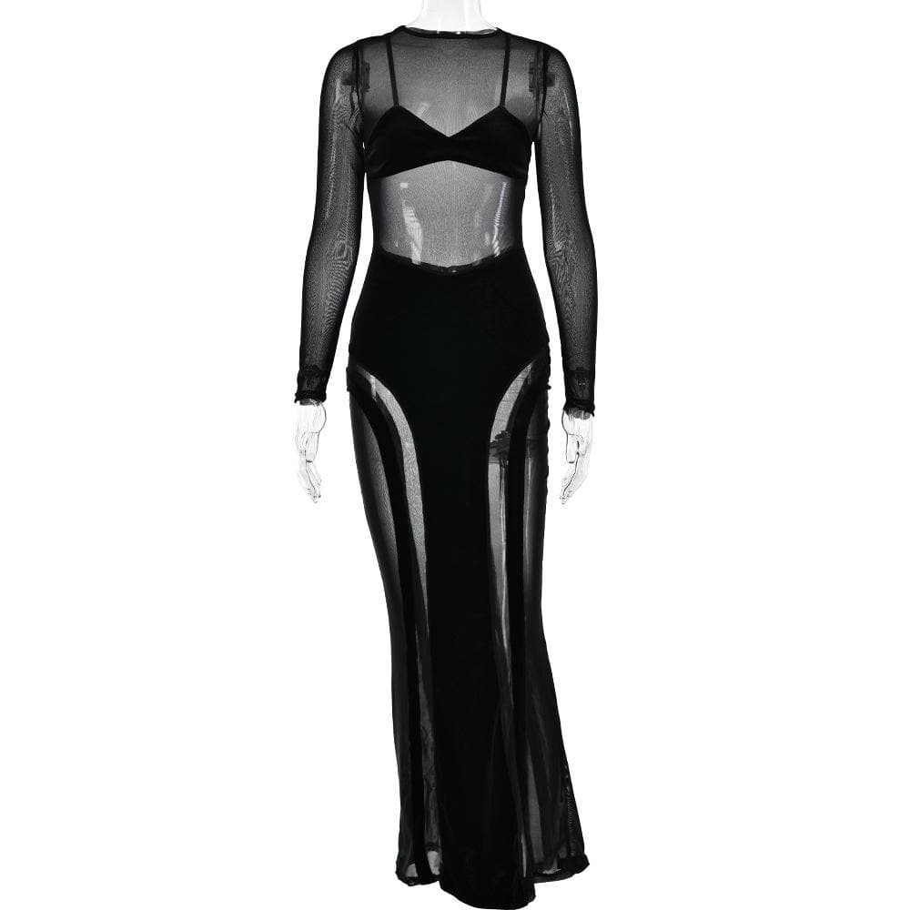 Mesh patchwork velvet solid long sleeve maxi dress - View 3